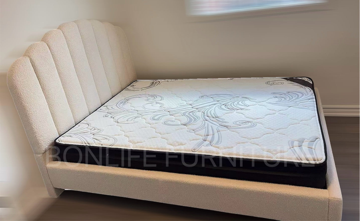 White Teddy Fabric Platform Bed, Nightstand & Storage Bench-I5100