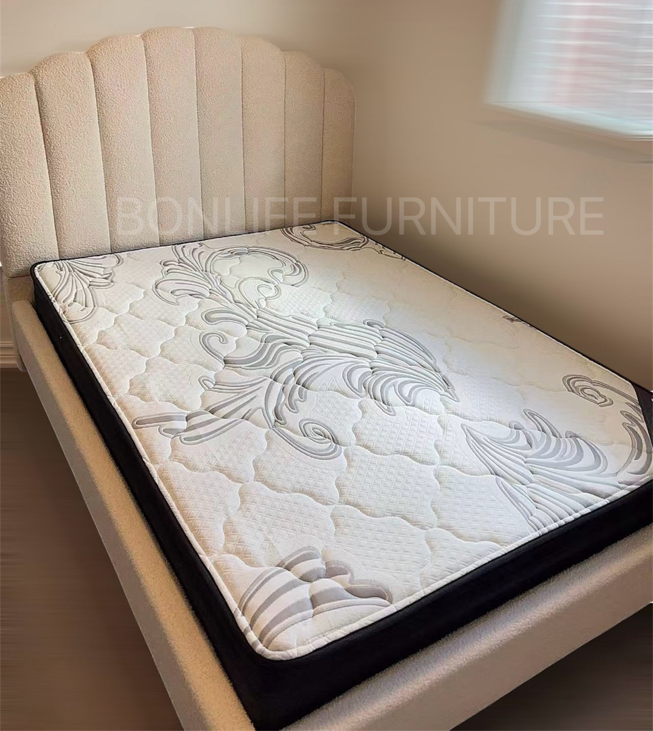 White Teddy Fabric Platform Bed, Nightstand & Storage Bench-I5100