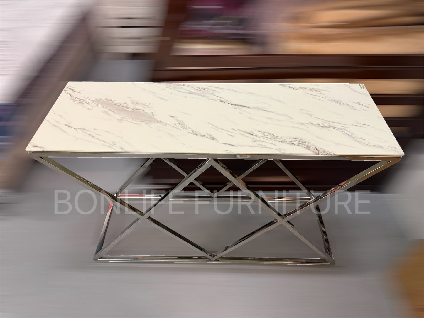 Modern White Marble Glass Sofa Table with Chrome Geometric Base-I2363