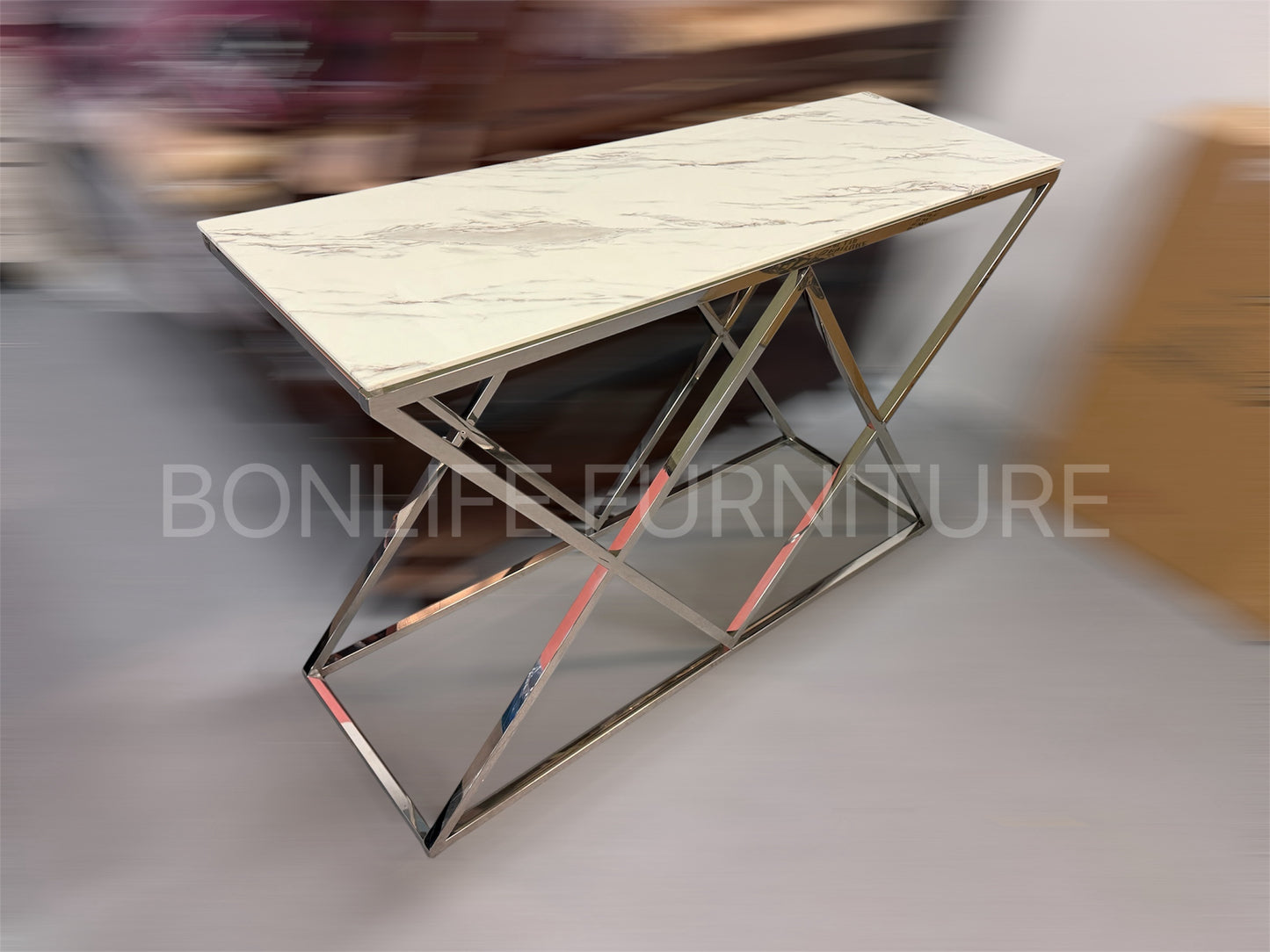 Modern White Marble Glass Sofa Table with Chrome Geometric Base-I2363