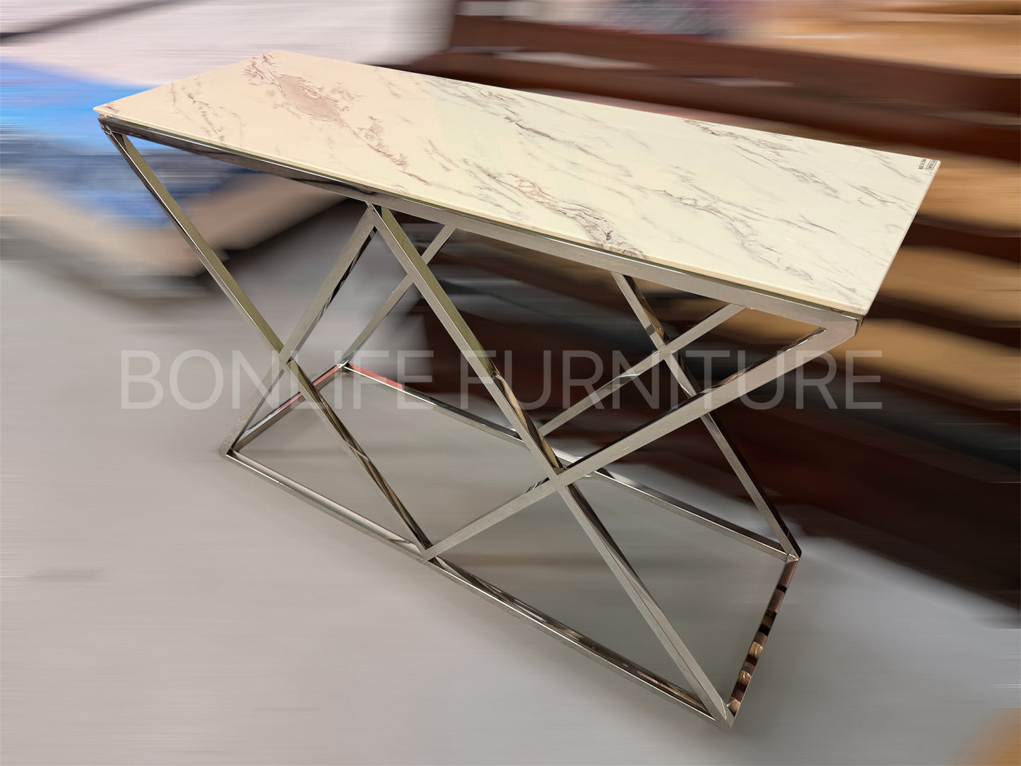 Modern White Marble Glass Sofa Table with Chrome Geometric Base-I2363