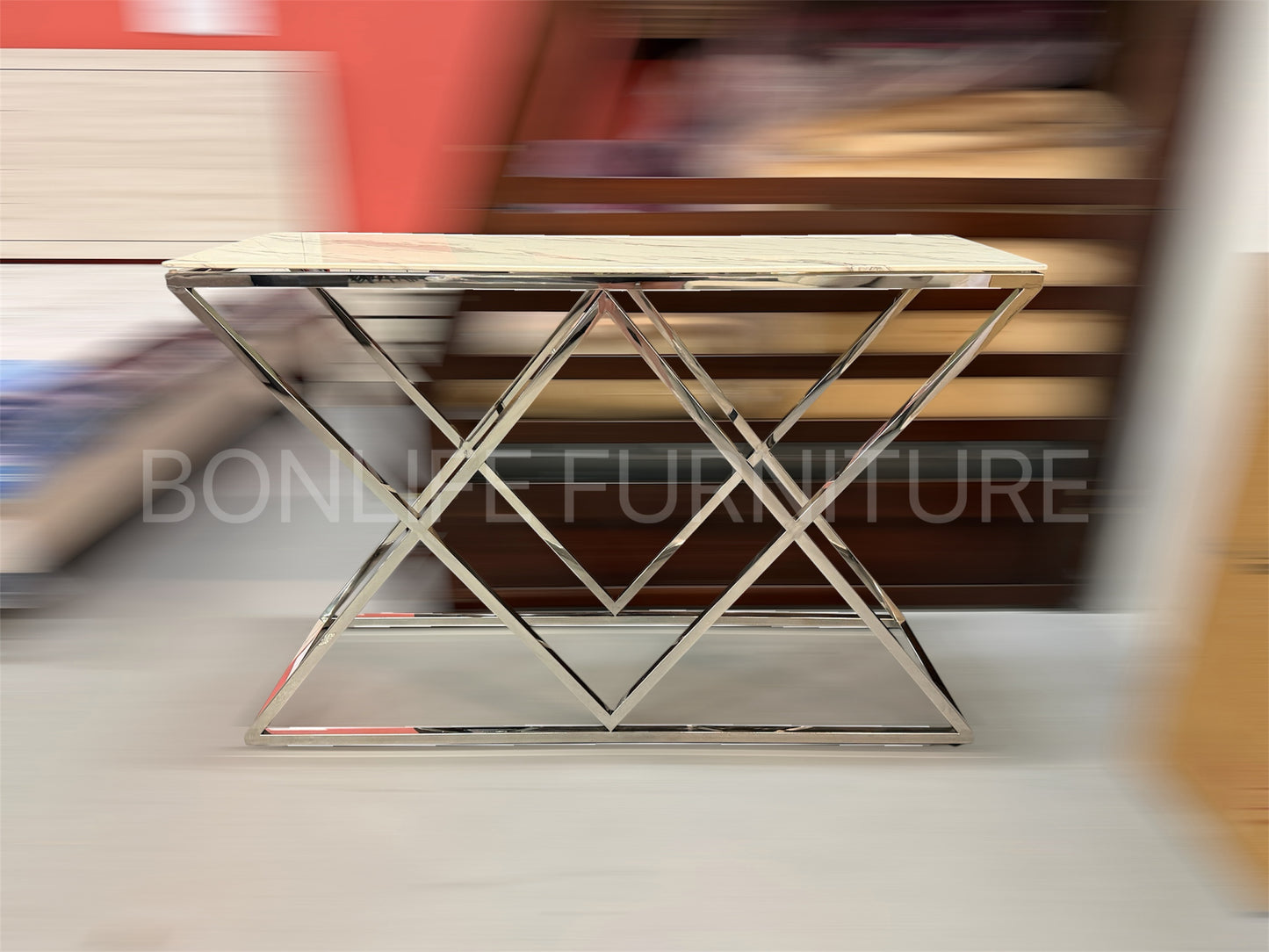 Modern White Marble Glass Sofa Table with Chrome Geometric Base-I2363