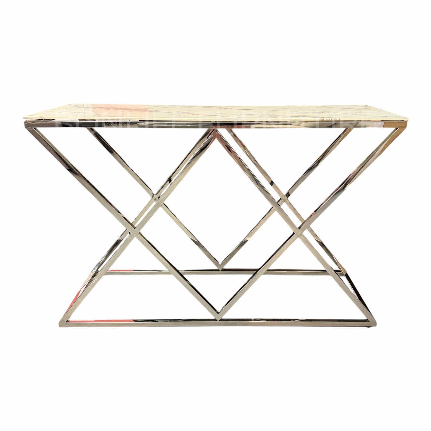 Modern White Marble Glass Sofa Table with Chrome Geometric Base-I2363