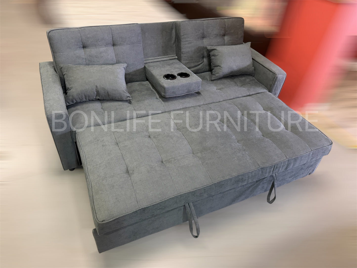 3-in-1 Fabric Pull-Out Sleeper Sofa Bed with Adjustable Backrests & Cup Holders