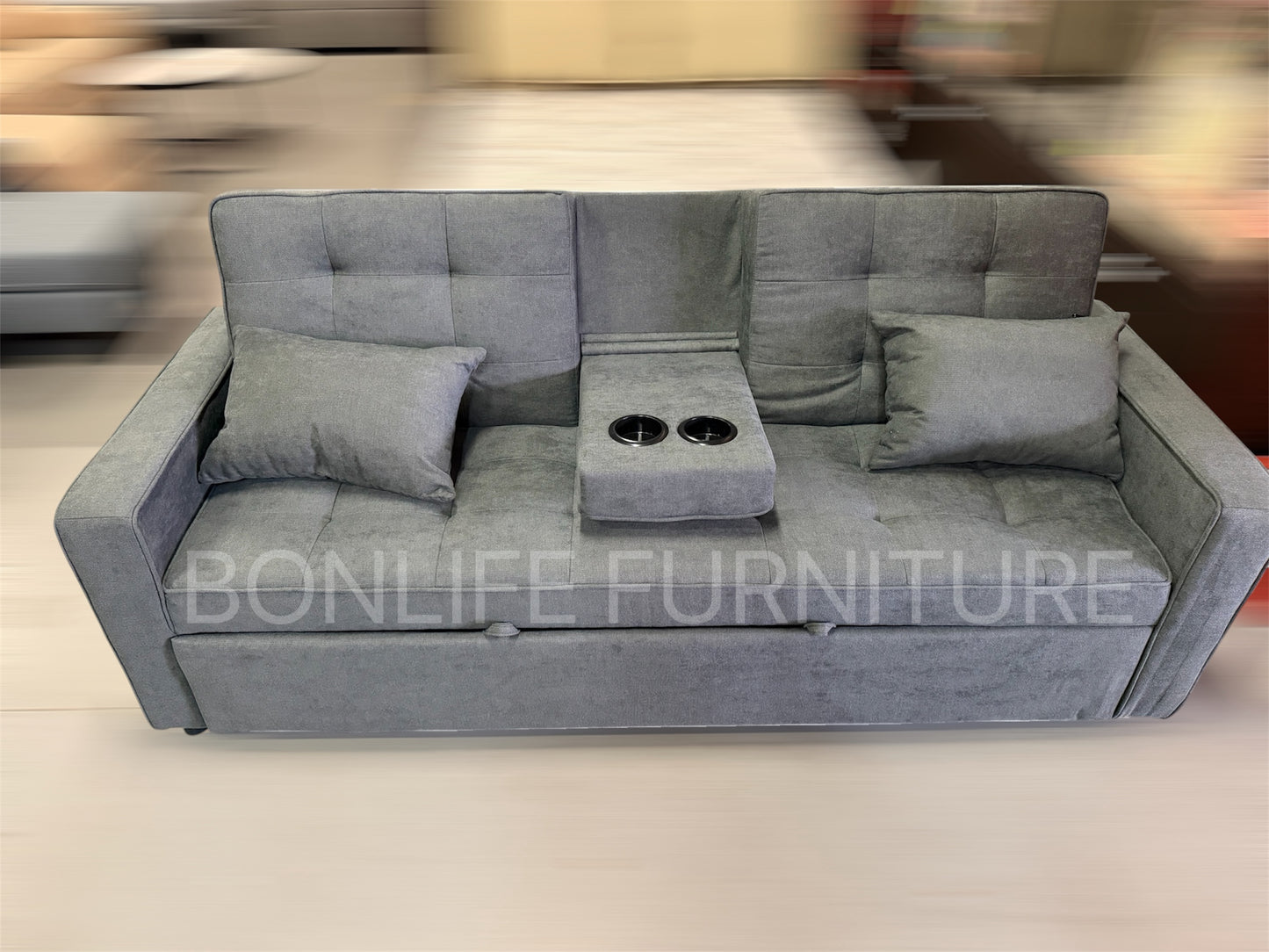 3-in-1 Fabric Pull-Out Sleeper Sofa Bed with Adjustable Backrests & Cup Holders