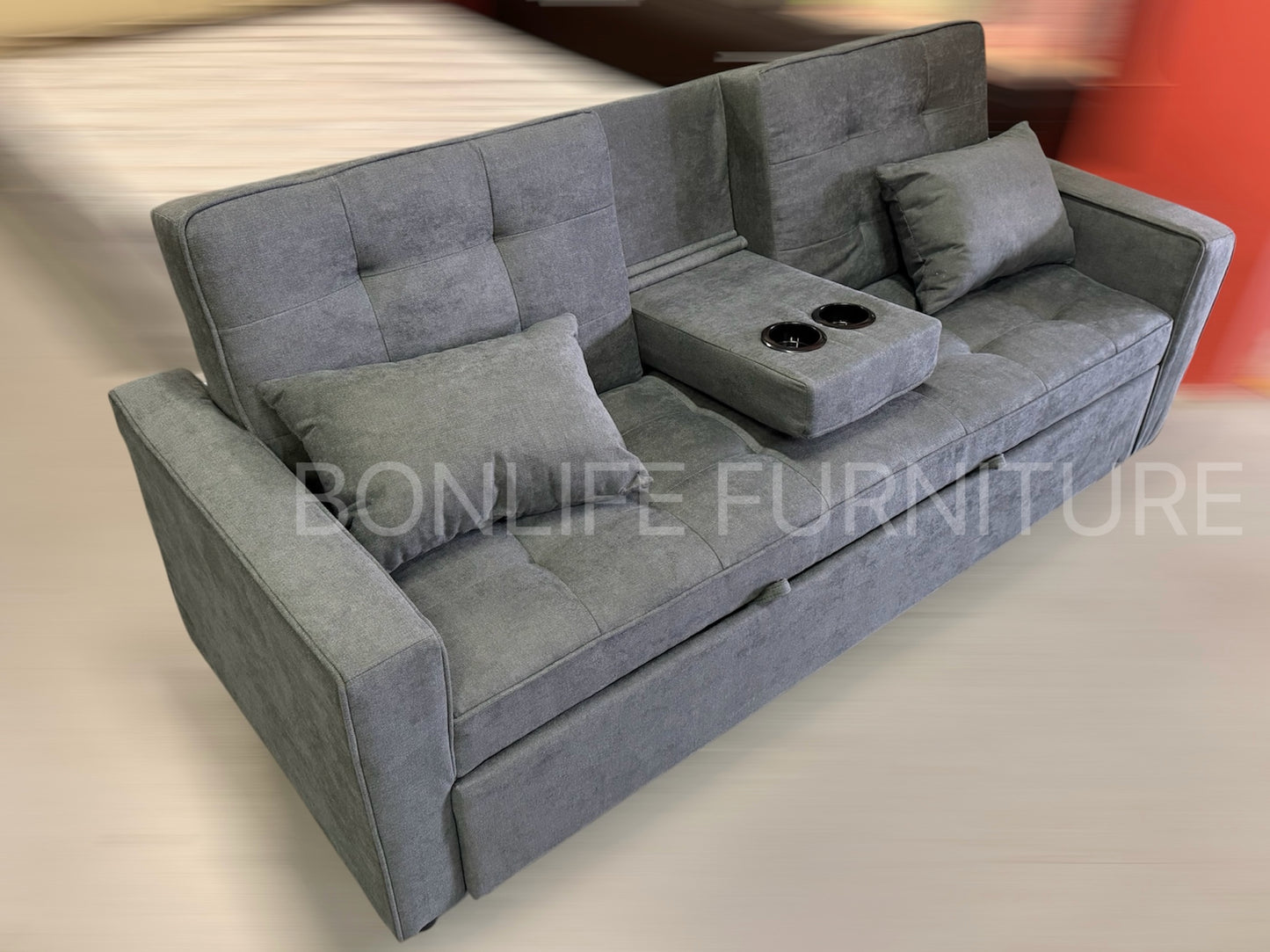 3-in-1 Fabric Pull-Out Sleeper Sofa Bed with Adjustable Backrests & Cup Holders