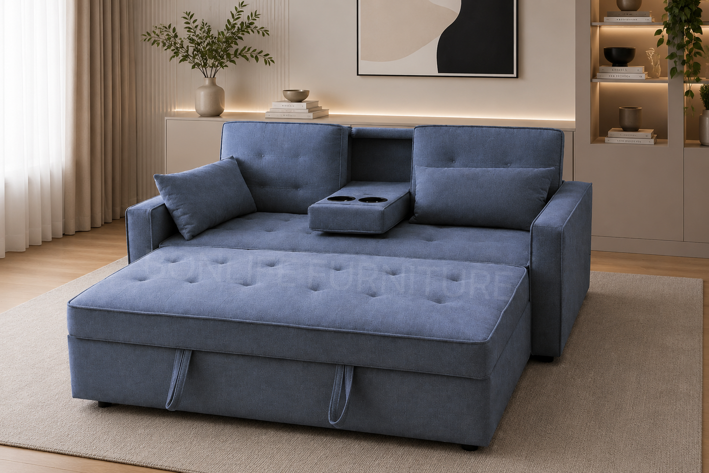 3-in-1 Fabric Pull-Out Sleeper Sofa Bed with Adjustable Backrests & Cup Holders