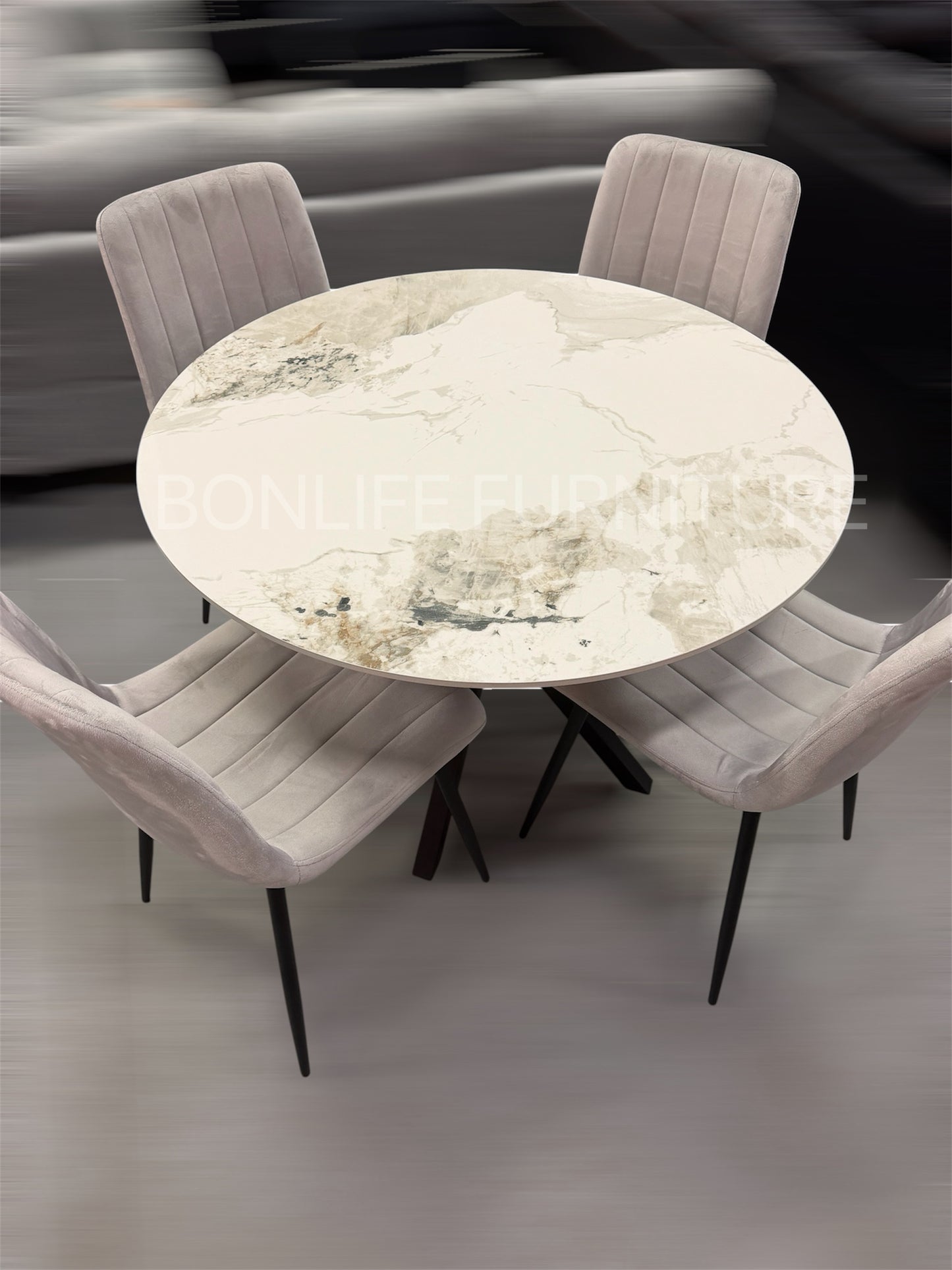 40" Round Chanel Stone Dining Table Set with 4 Velvet Chairs | Modern 5-Piece Dining Set-I1650(1473C)