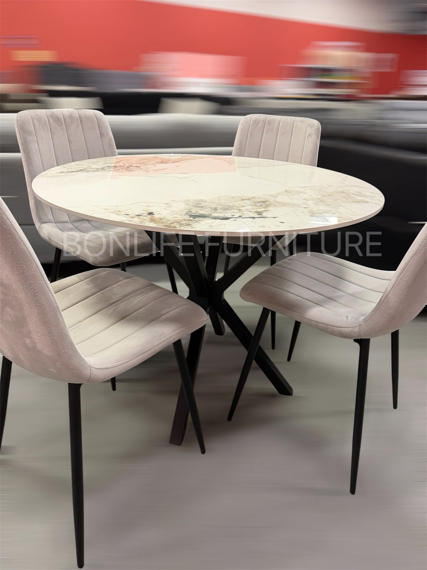 40" Round Chanel Stone Dining Table Set with 4 Velvet Chairs | Modern 5-Piece Dining Set-I1650(1473C)