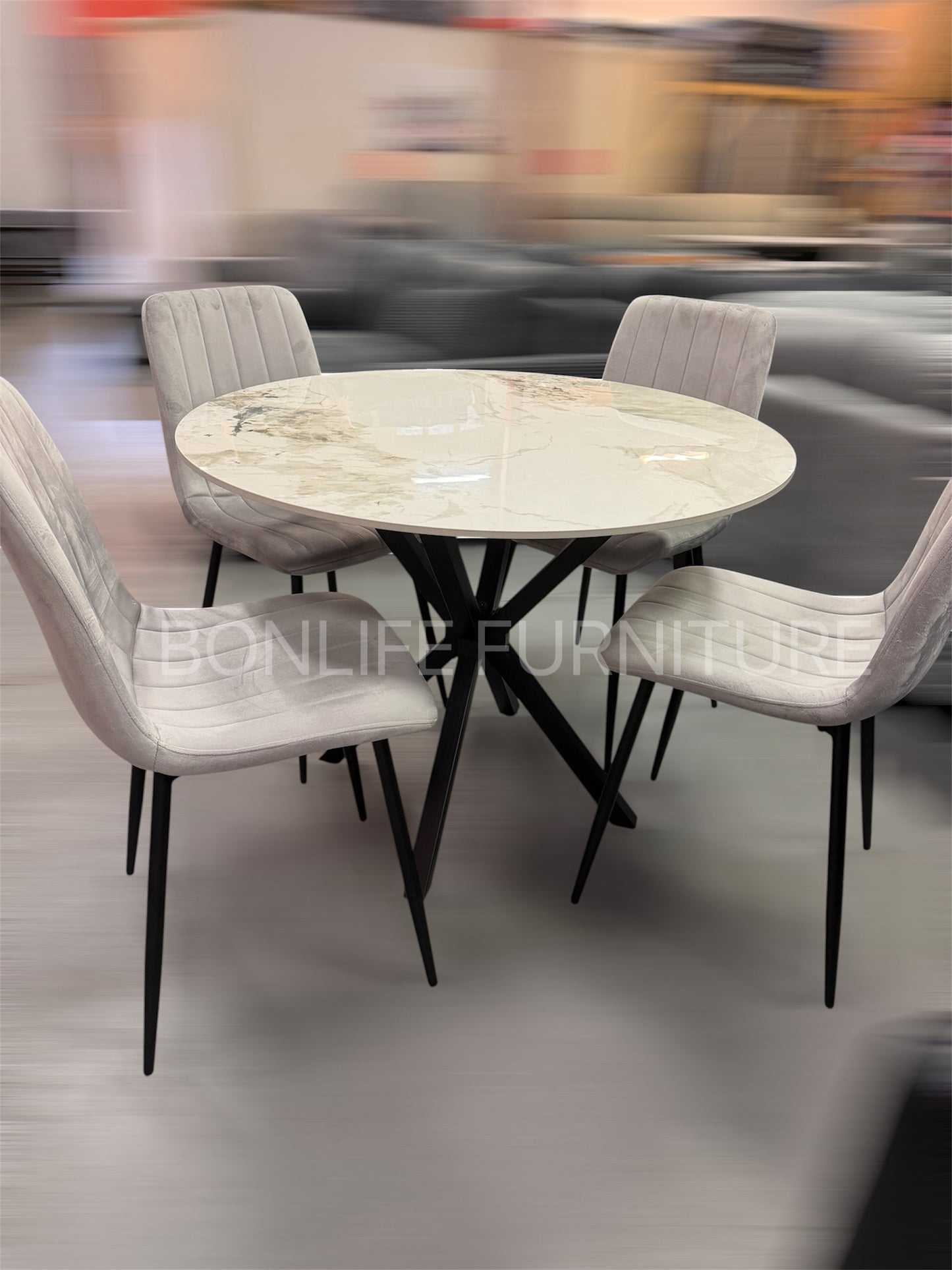 40" Round Chanel Stone Dining Table Set with 4 Velvet Chairs | Modern 5-Piece Dining Set-I1650(1473C)