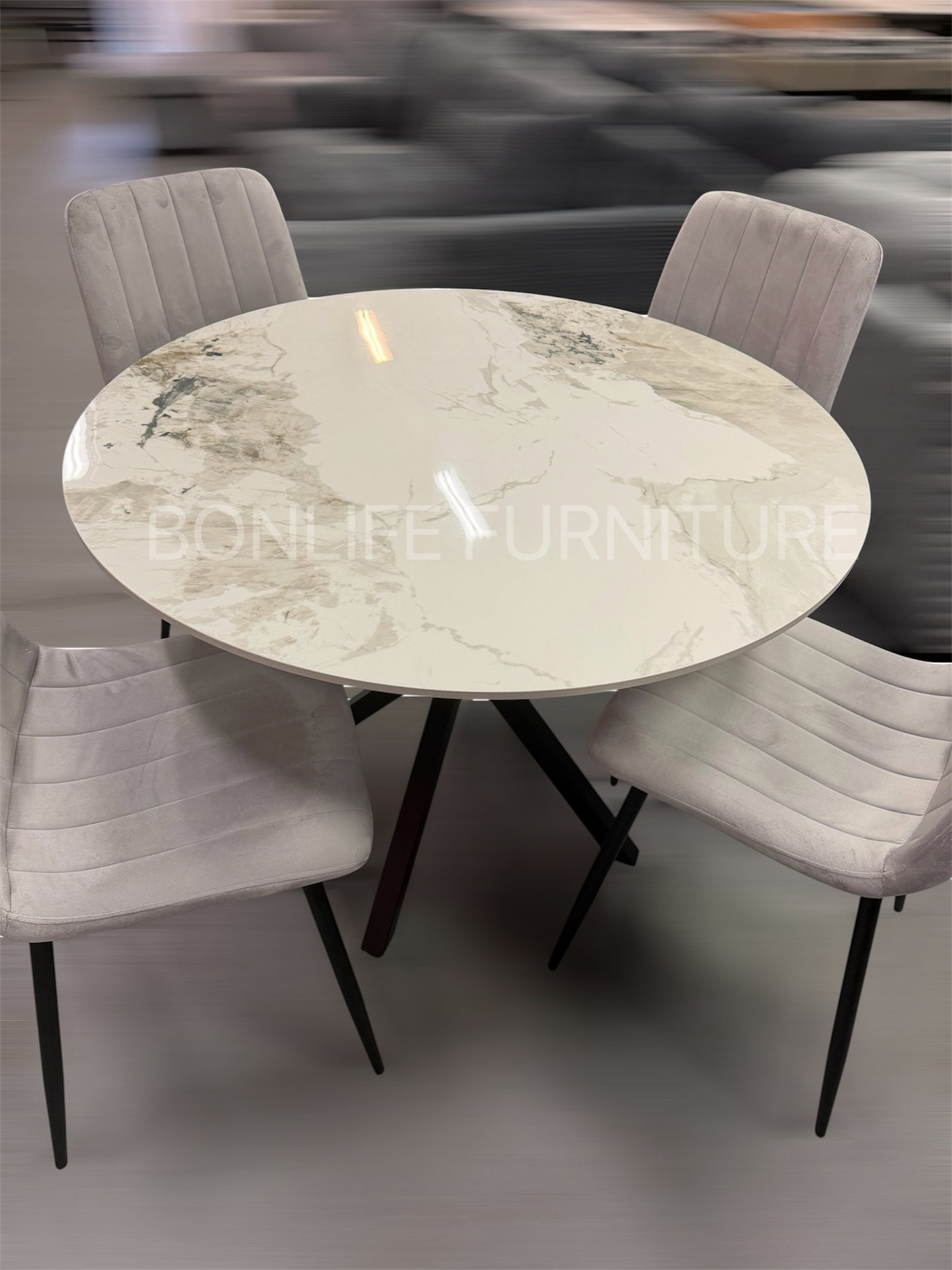 40" Round Chanel Stone Dining Table Set with 4 Velvet Chairs | Modern 5-Piece Dining Set-I1650(1473C)