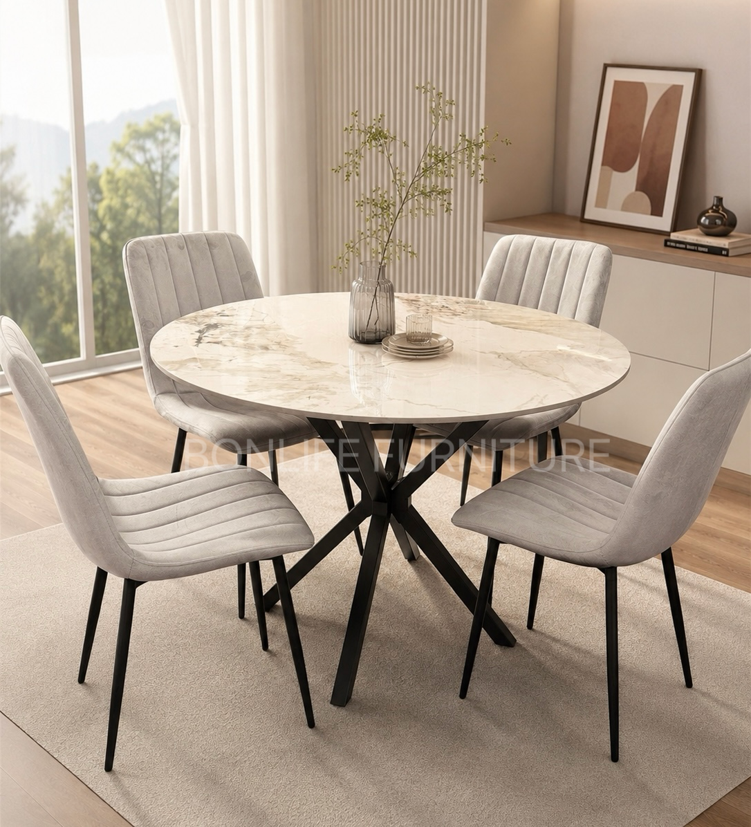 40" Round Chanel Stone Dining Table Set with 4 Velvet Chairs | Modern 5-Piece Dining Set-I1650(1473C)