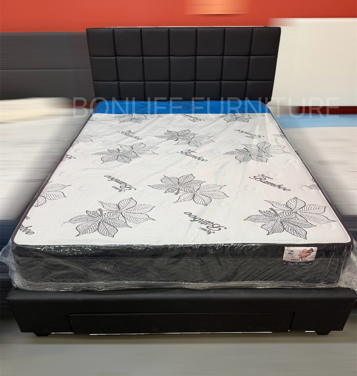 Black PU Storage Platform Bed with Drawer – Modern Upholstered Bed Frame-I5490