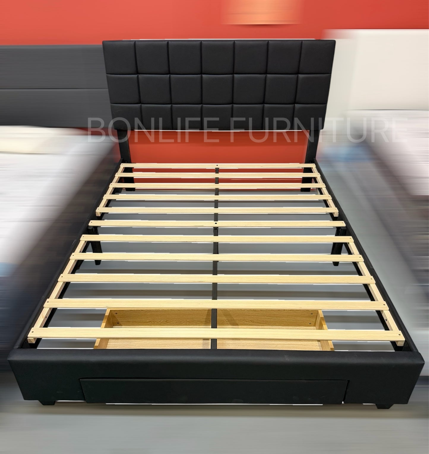 Black PU Storage Platform Bed with Drawer – Modern Upholstered Bed Frame-I5490