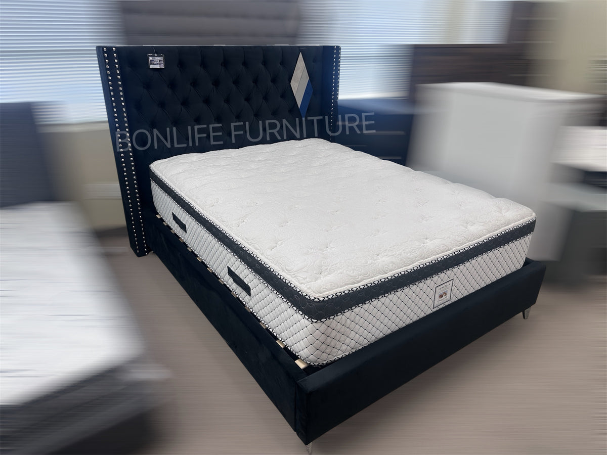 Velvet Wingback Platform Bed with Deep Button Tufted Headboard & Chrome Legs-T2380