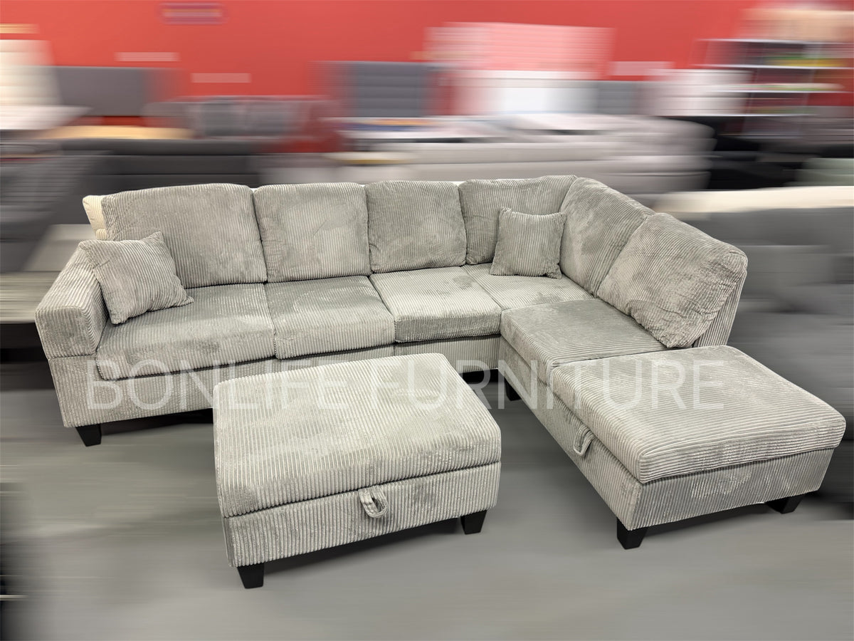 Modern Corduroy Sectional Sofa with Storage Chaise, Storage Ottoman & Drop-Down Cup Holders-D2510