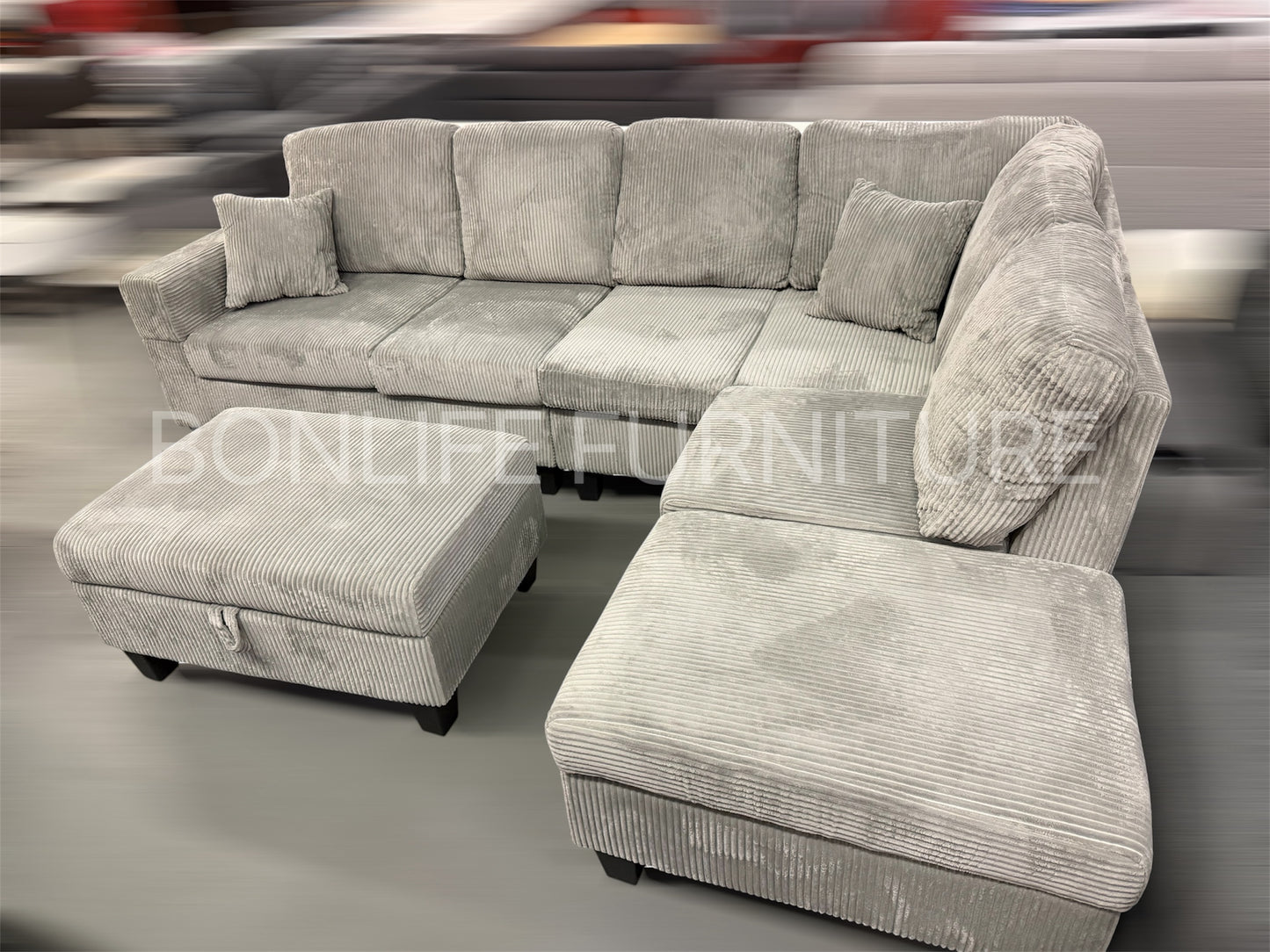 Modern Corduroy Sectional Sofa with Storage Chaise, Storage Ottoman & Drop-Down Cup Holders-D2510