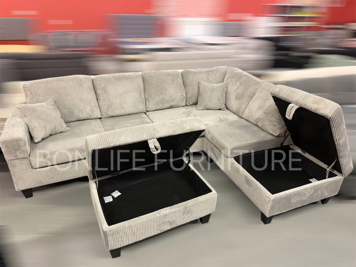 Modern Corduroy Sectional Sofa with Storage Chaise, Storage Ottoman & Drop-Down Cup Holders-D2510