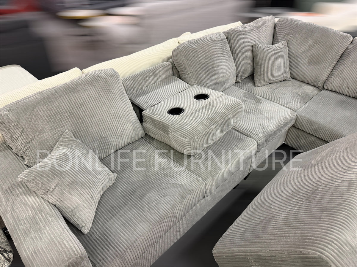 Modern Corduroy Sectional Sofa with Storage Chaise, Storage Ottoman & Drop-Down Cup Holders-D2510