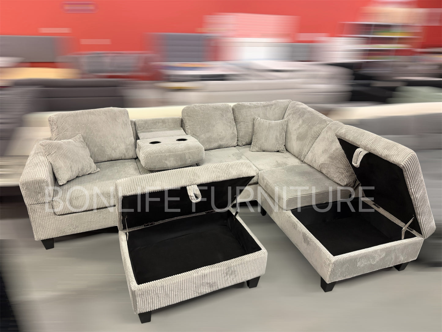 Modern Corduroy Sectional Sofa with Storage Chaise, Storage Ottoman & Drop-Down Cup Holders-D2510