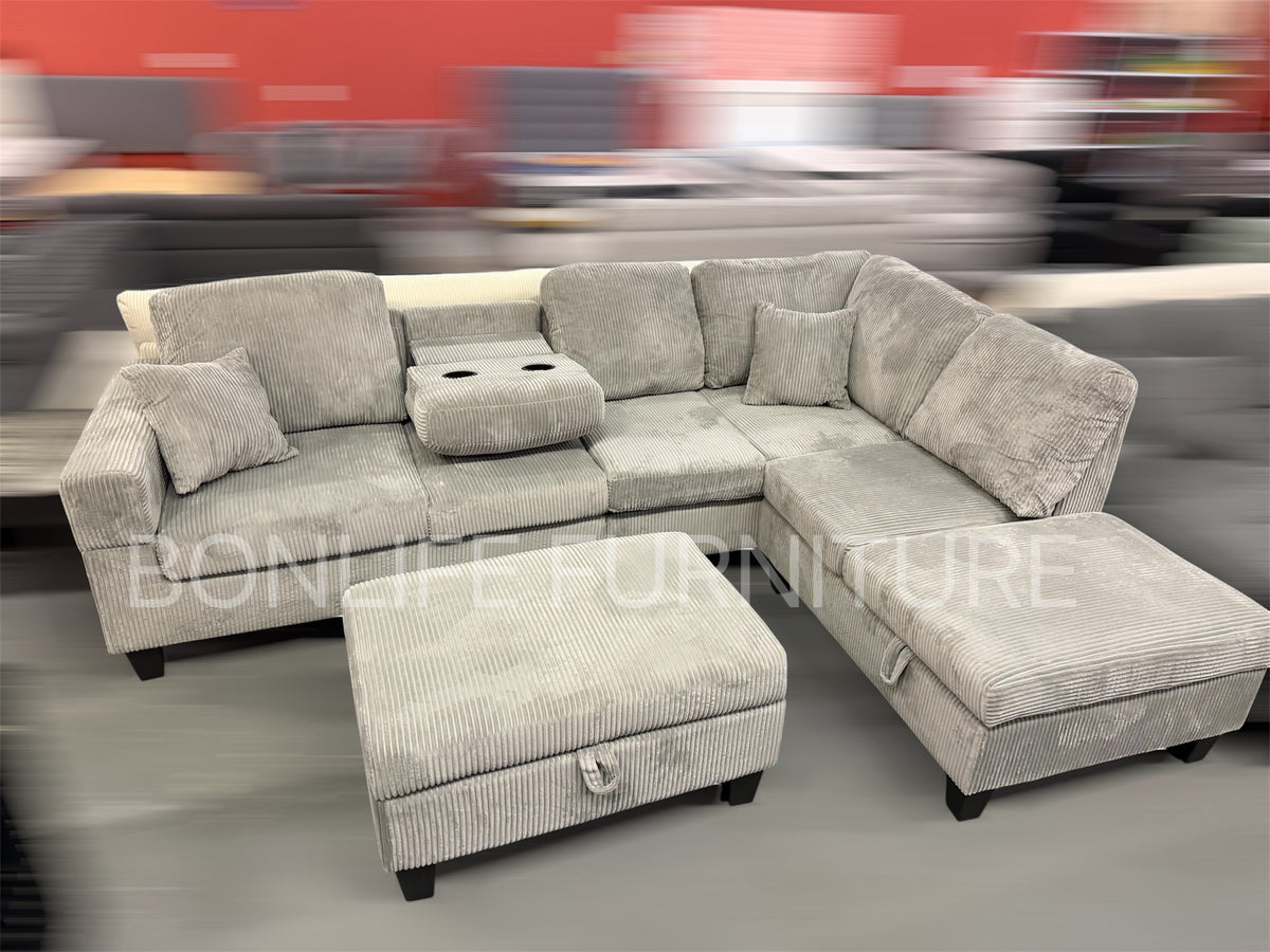 Modern Corduroy Sectional Sofa with Storage Chaise, Storage Ottoman & Drop-Down Cup Holders-D2510