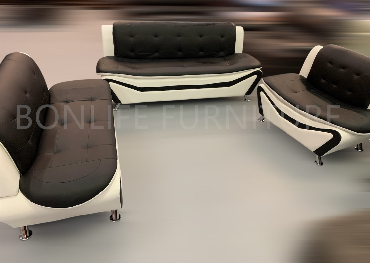 Black & White PU Leather Sofa Set – 3-Piece Modern Living Room Set-AUCKLAND