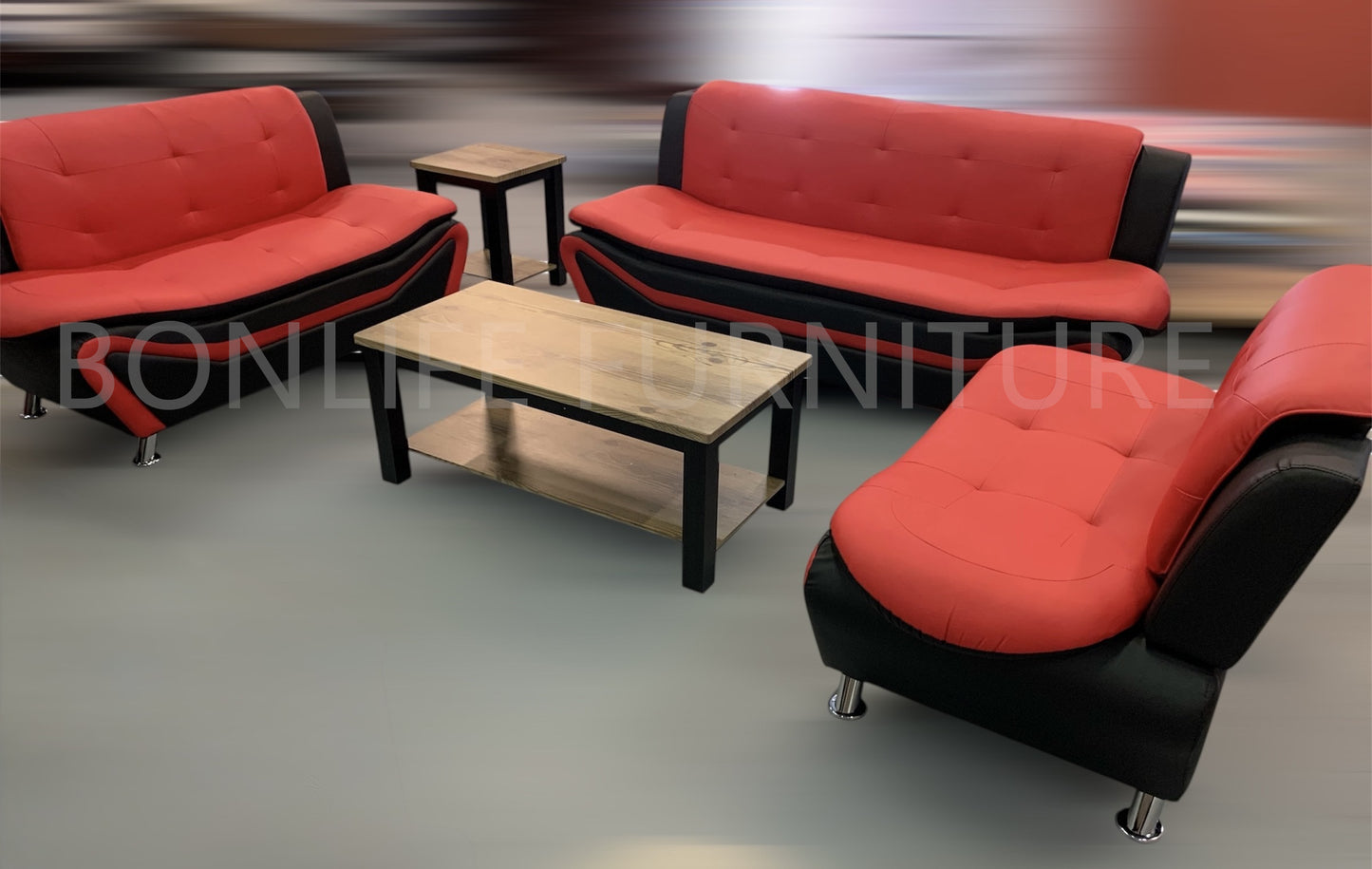 Black & Red PU Leather Sofa Set – 3-Piece Modern Living Room Set-AUCKLAND