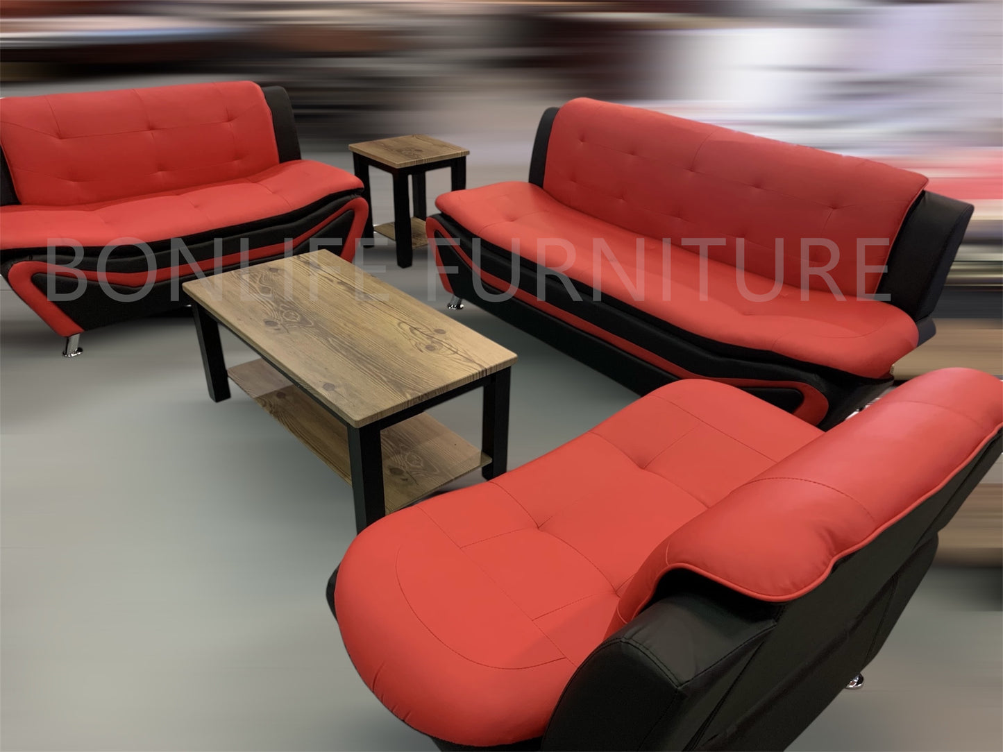 Black & Red PU Leather Sofa Set – 3-Piece Modern Living Room Set-AUCKLAND