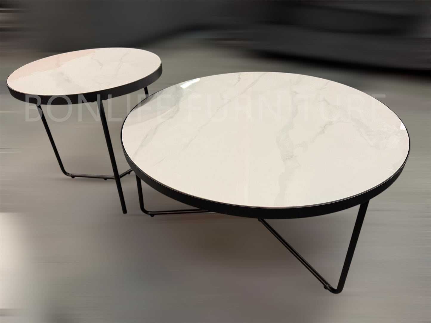 Set of 2 Round Coffee Tables – White Sintered Stone & Black Steel-I2620