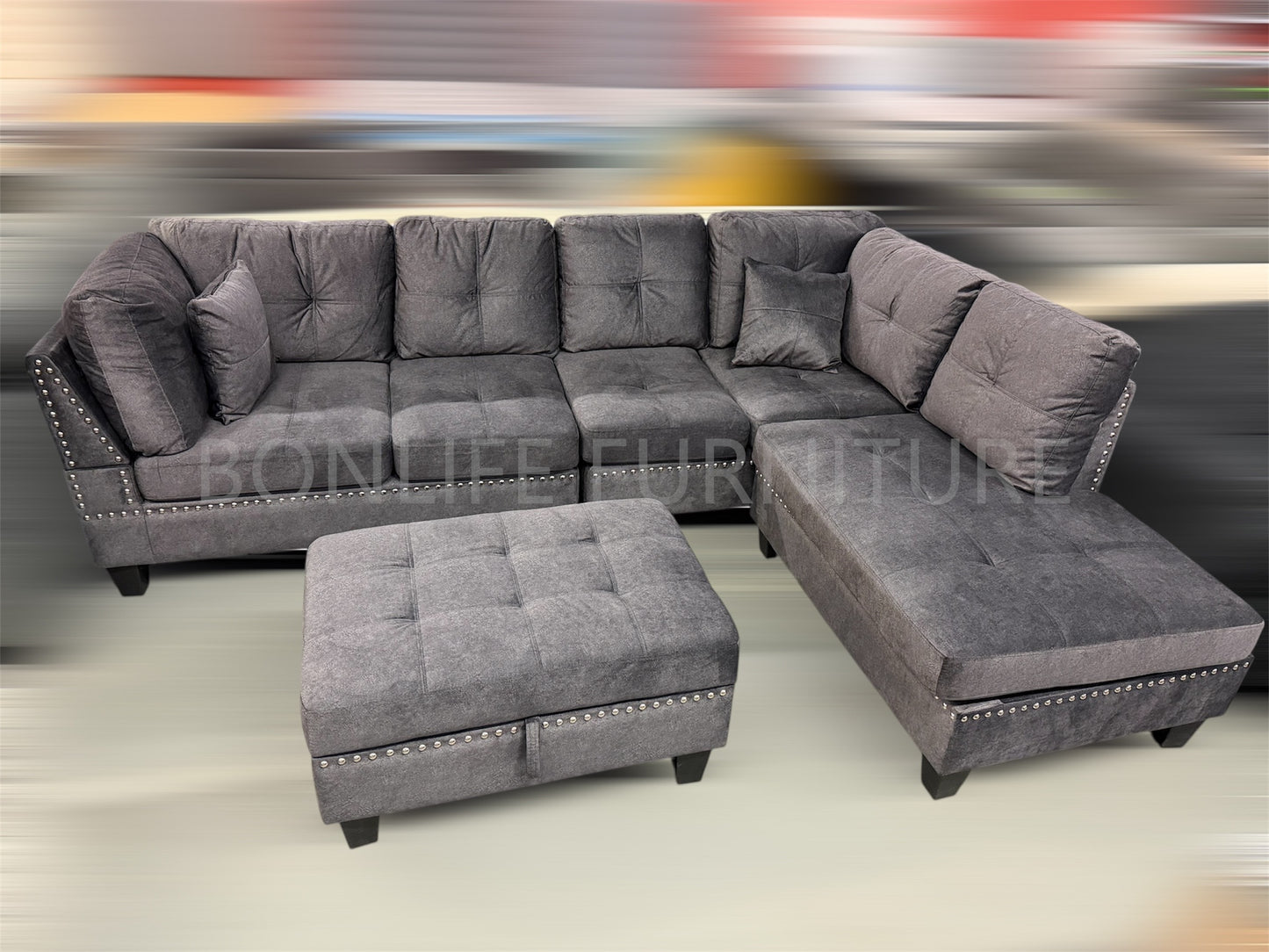 Velvet Reversible Sectional Sofa with Storage Ottoman -D1013