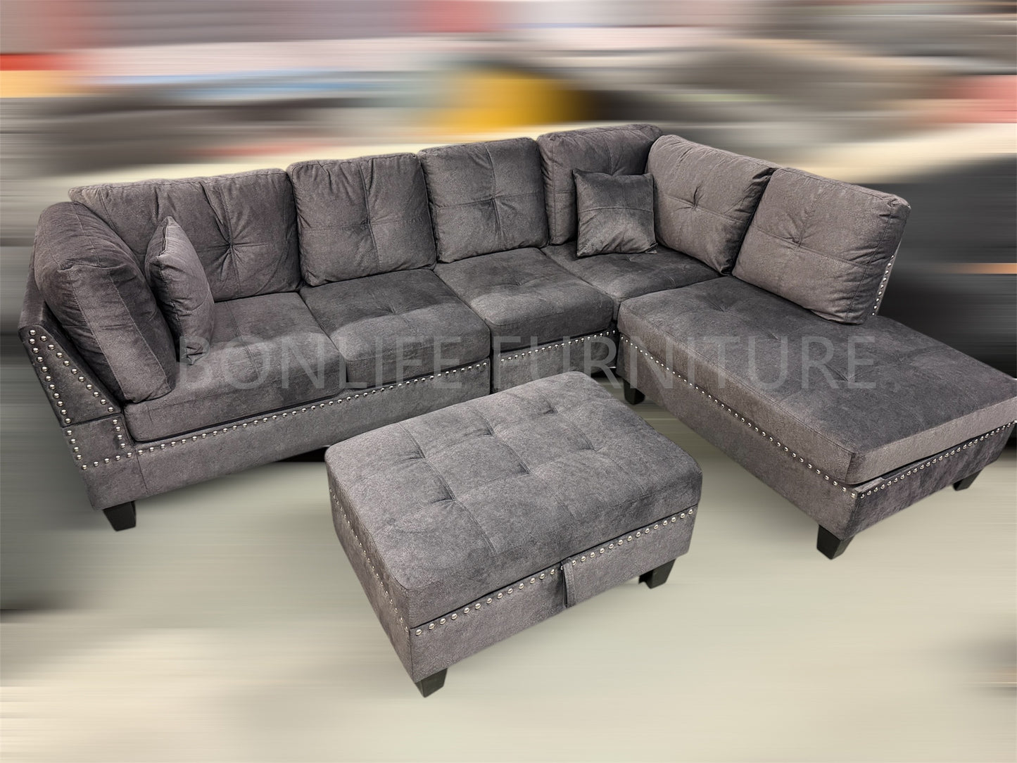Velvet Reversible Sectional Sofa with Storage Ottoman -D1013