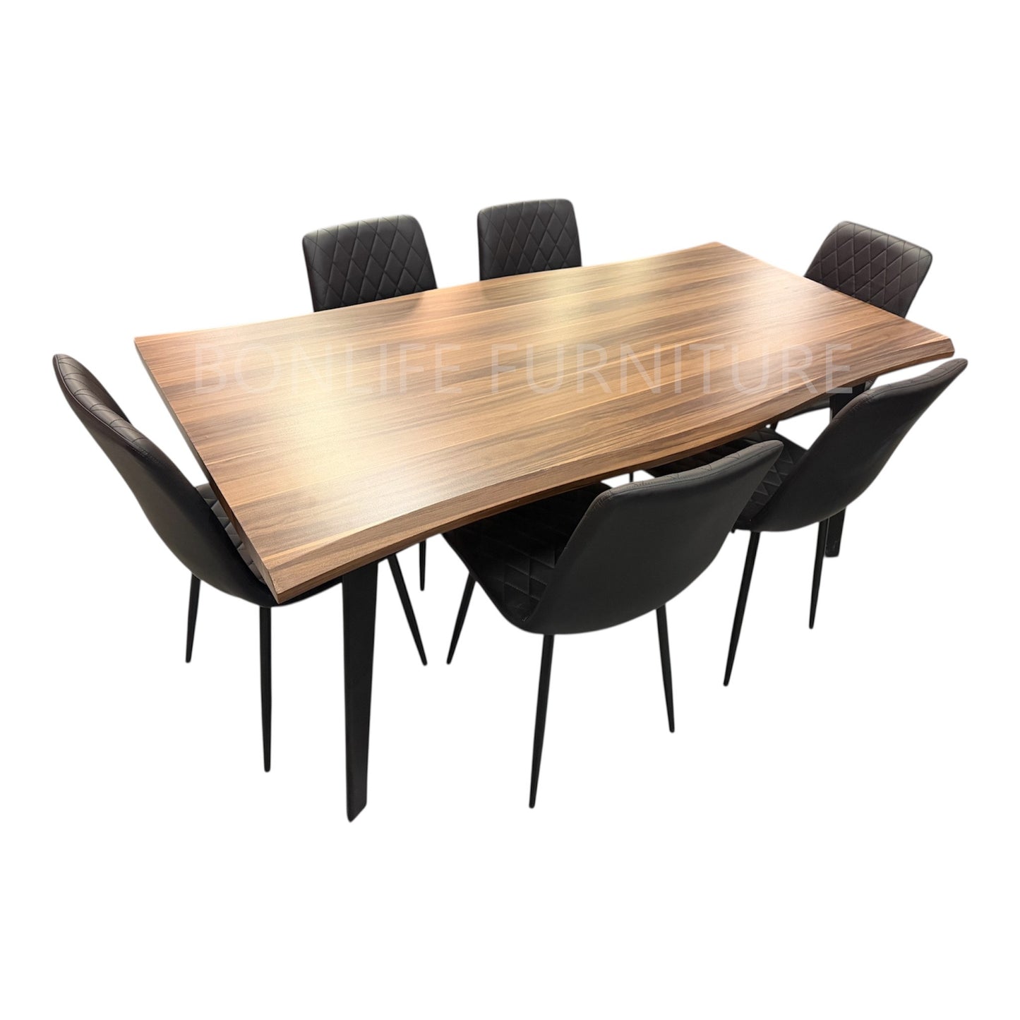 7-Piece Walnut Dining Table Set with Black Chairs – Floor Model Clearances-T3345