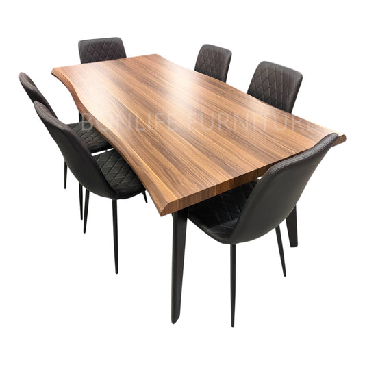 7-Piece Walnut Dining Table Set with Black Chairs – Floor Model Clearances-T3345