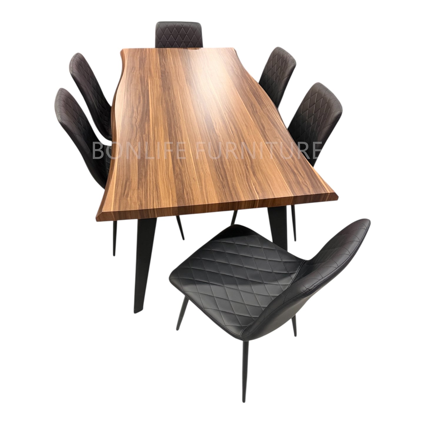 7-Piece Walnut Dining Table Set with Black Chairs – Floor Model Clearances-T3345