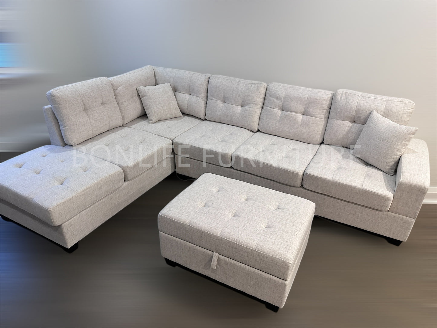 Modern Fabric Reversible Sectional Sofa with Storage Ottoman & Dropdown Tray – G2300