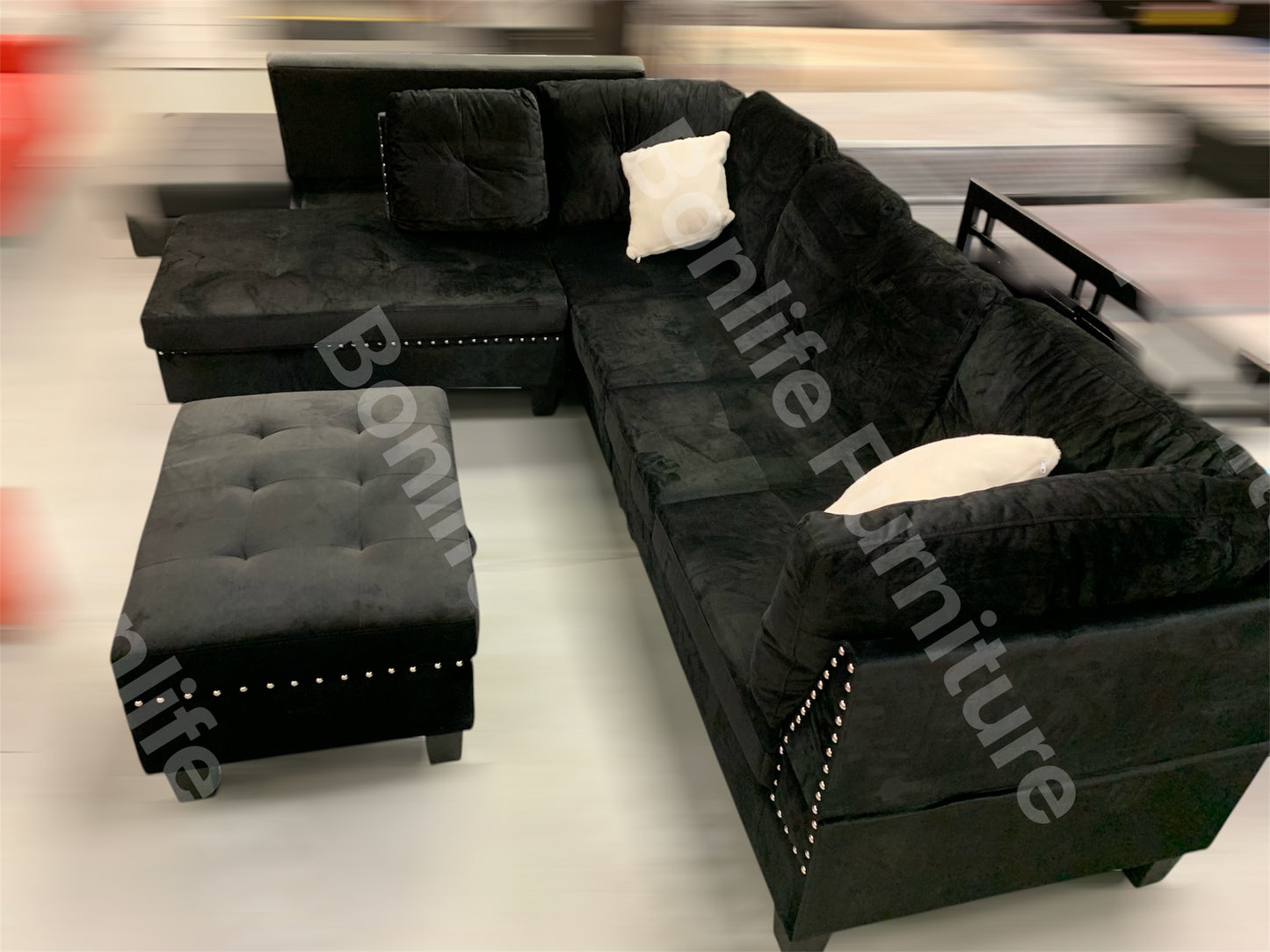 Velvet Reversible Sectional Sofa with Storage Ottoman -D1013