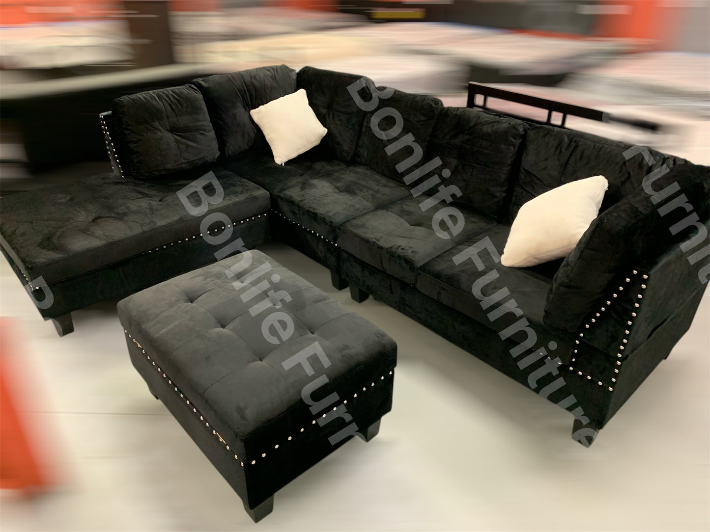 Velvet Reversible Sectional Sofa with Storage Ottoman -D1013