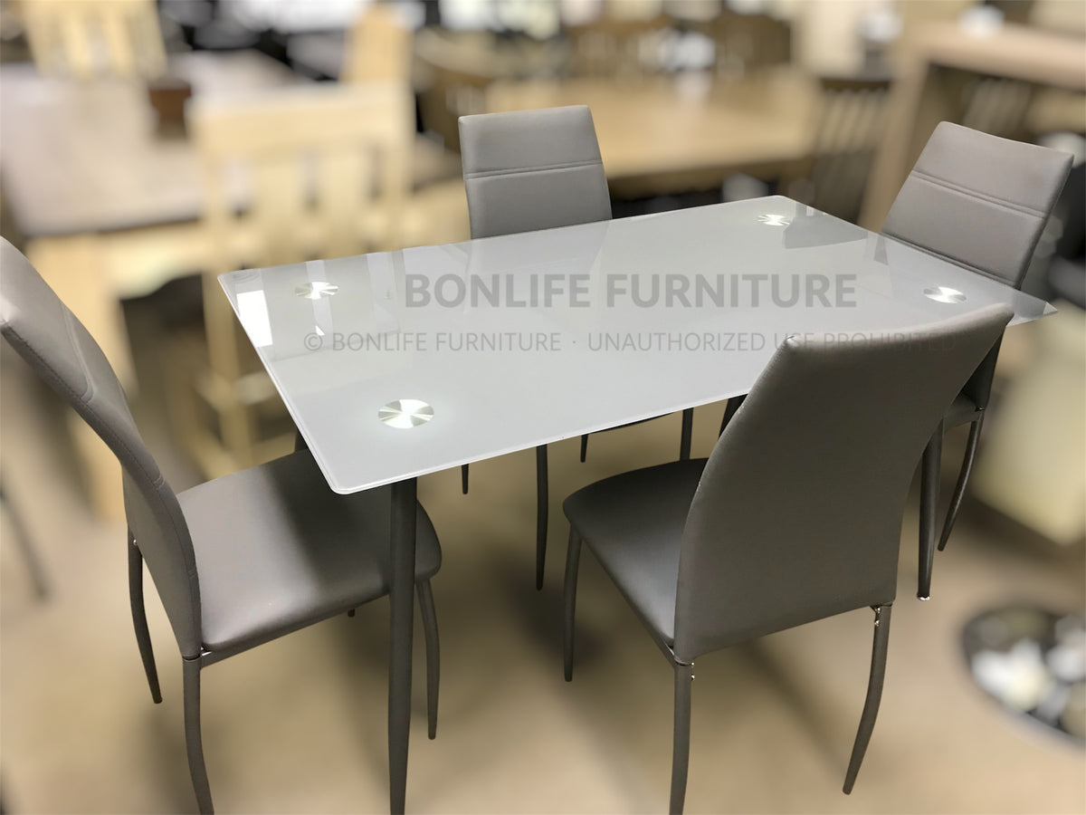 Modern 5-Piece Grey Frosted Glass Dining Set with 4 Leatherette Chairs – T3600