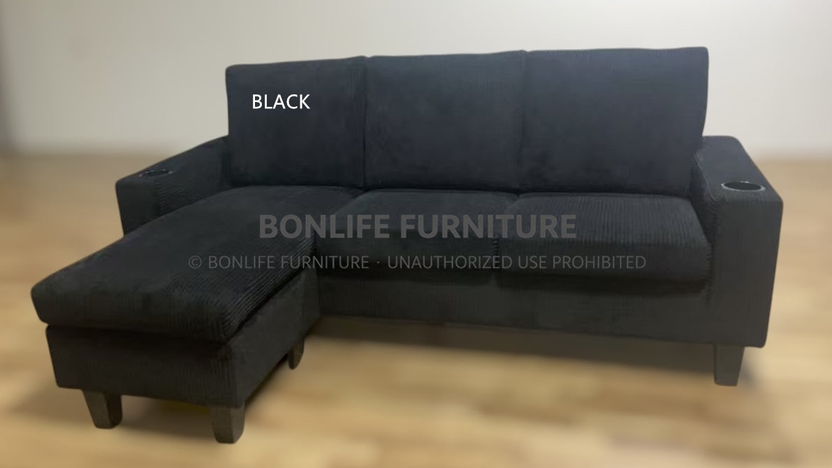 Compact Reversible Corduroy Sectional Sofa with Cup Holders-D2602