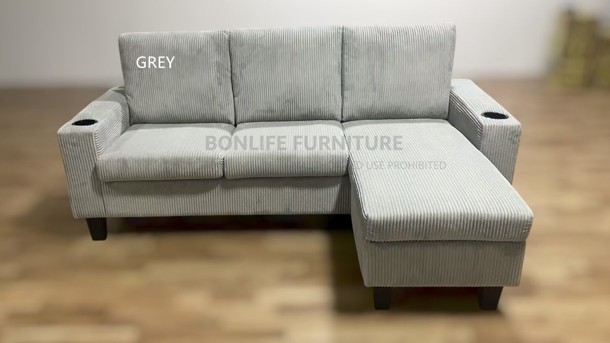 Compact Reversible Corduroy Sectional Sofa with Cup Holders-D2602