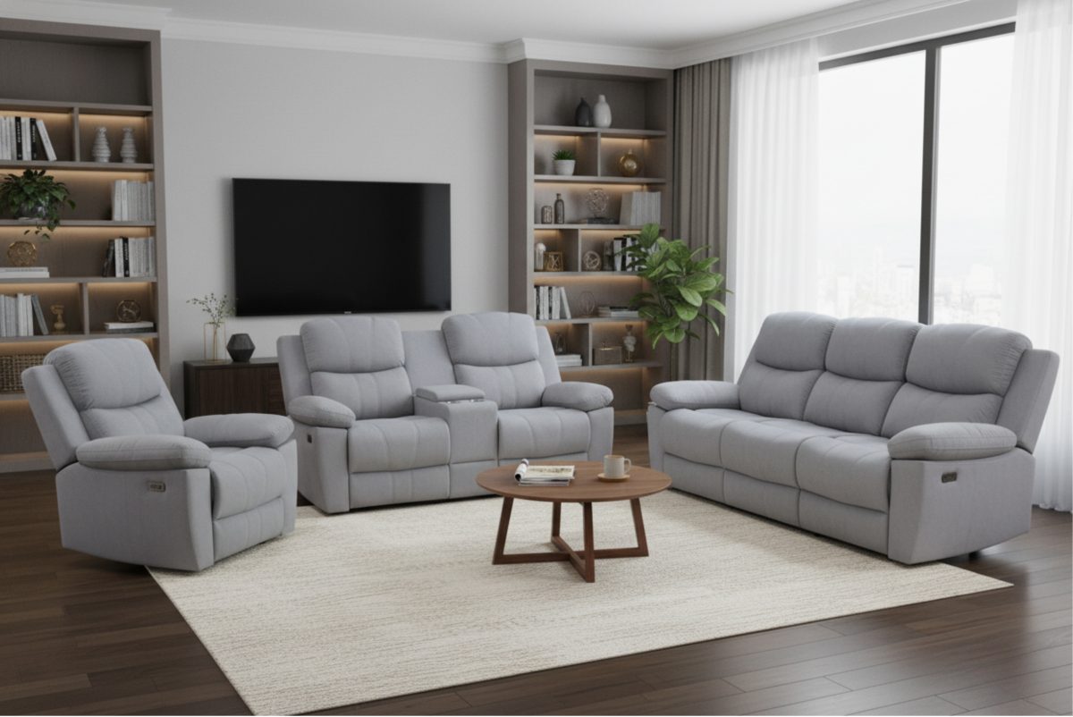 Power Reclining Sofa, Loveseat & Chair – Grey Fabric-T1125