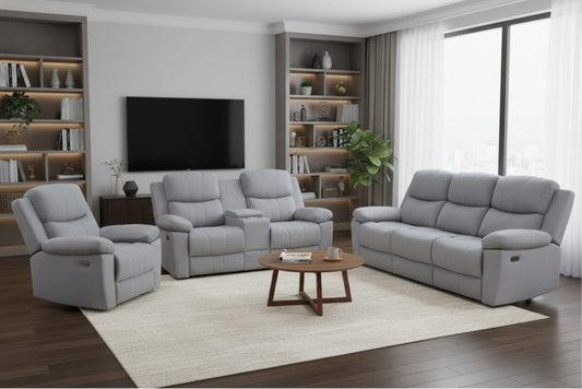 Power Reclining Sofa, Loveseat & Chair – Grey Fabric-T1125