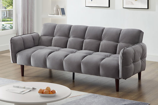 Charcoal velvet klick klack sofa bed with tufted cushions and wooden legs
