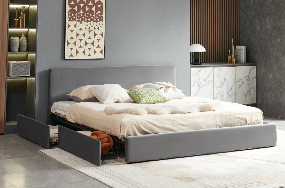 Modern Velvet Storage Platform Bed with 4 Side Drawers-T2128