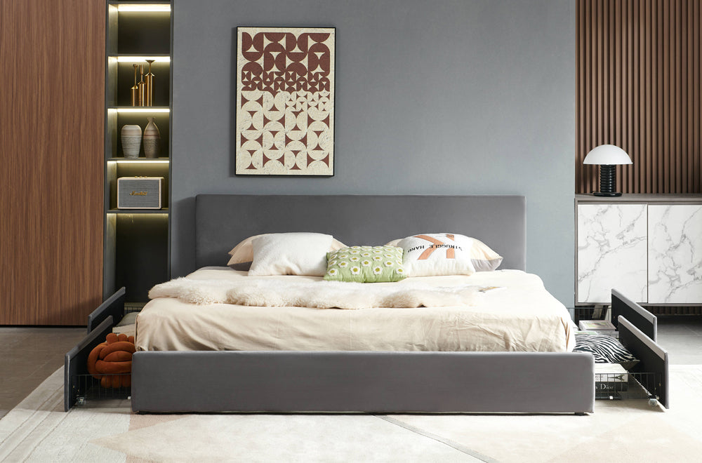 Modern Velvet Storage Platform Bed with 4 Side Drawers-T2128