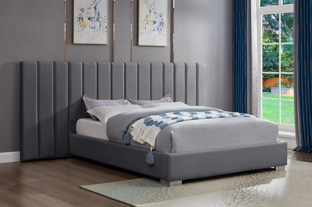 Modern Velvet Platform Bed with Extra-Wide Extended Panel Headboard-T2379