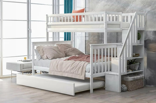 Twin Over Double Solid Wood Bunk Bed with Storage Stairs & Twin Trundle-T2594