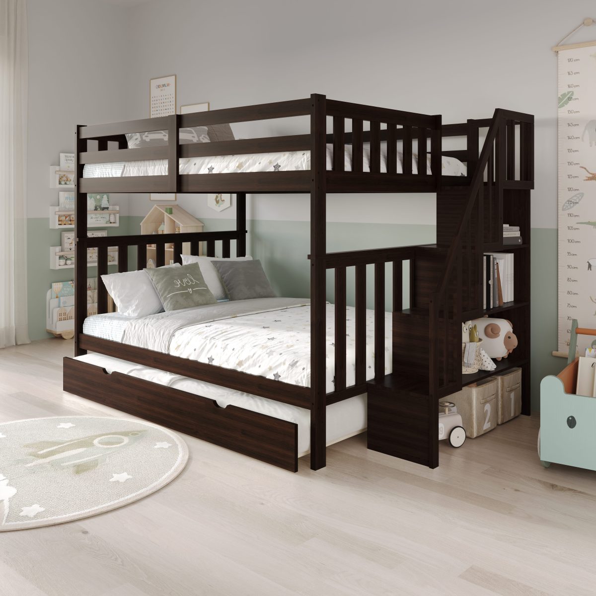 Double Over Double Solid Wood Bunk Bed with Storage Stairs & Twin Trundle-T2595