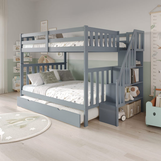 Double Over Double Solid Wood Bunk Bed with Storage Stairs & Twin Trundle-T2595