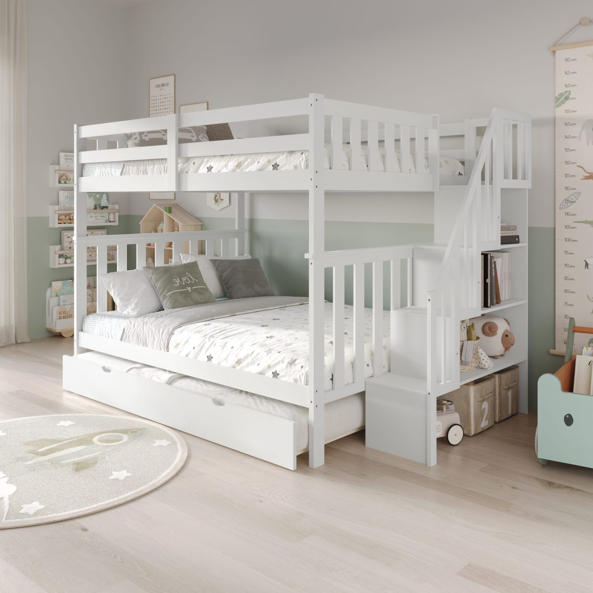 Double Over Double Solid Wood Bunk Bed with Storage Stairs & Twin Trundle-T2595